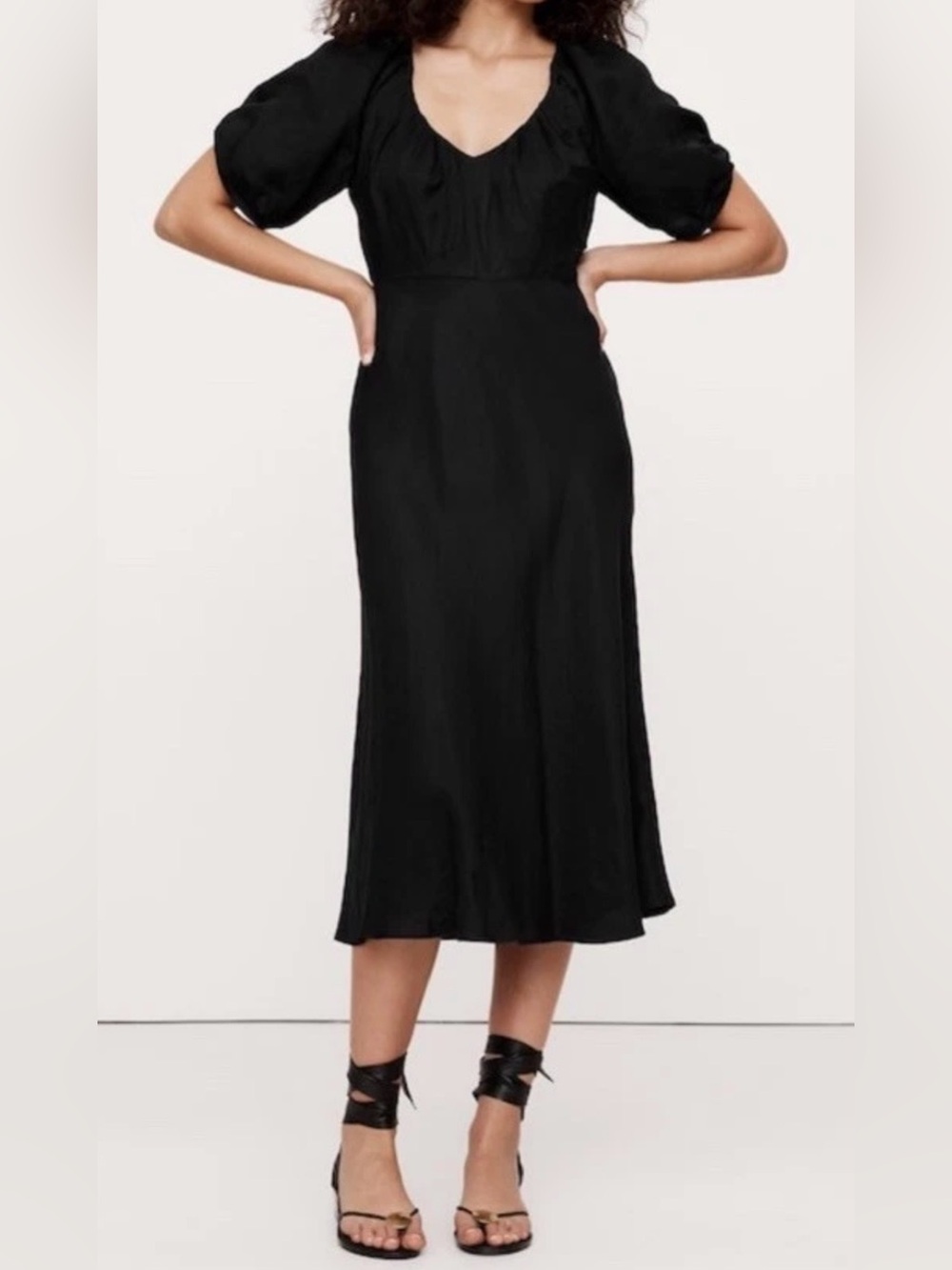 Banana Republic Black Midi Dress with Puff Sleeves and V-Neck